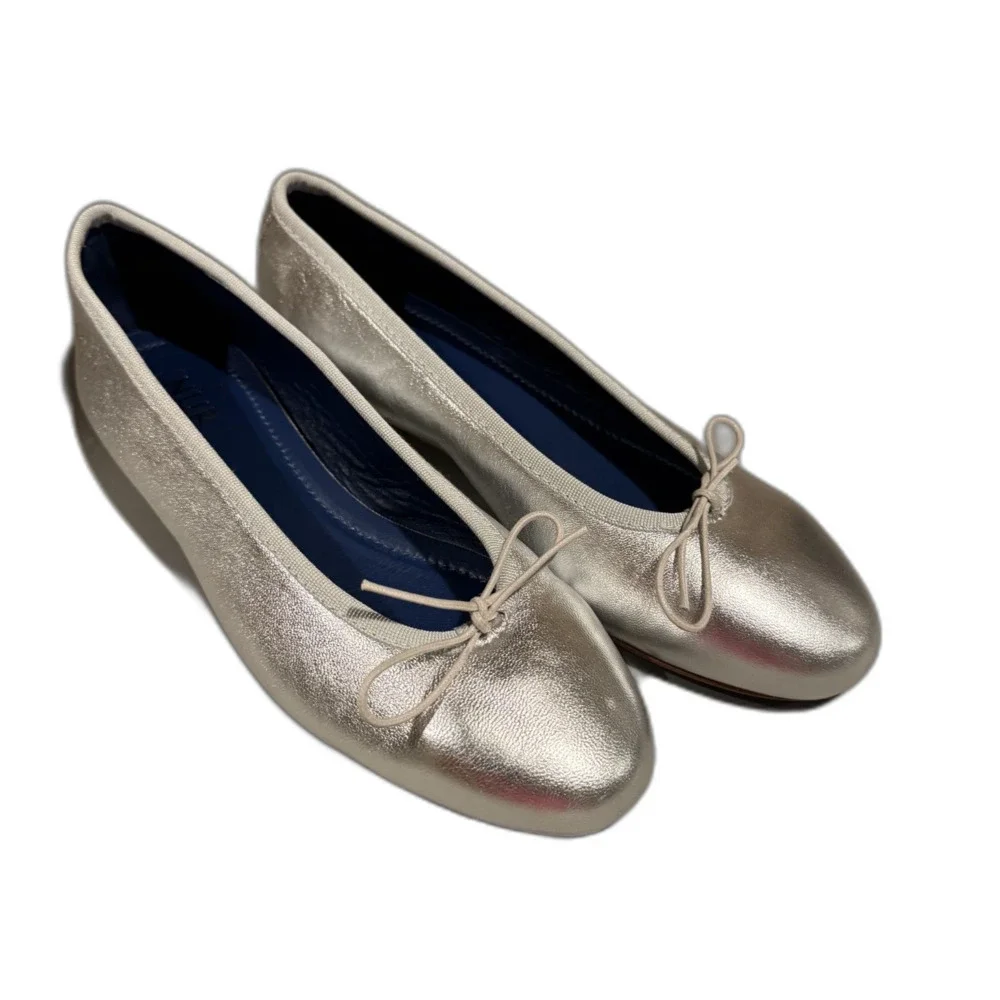NUR Italy Ballet Flats Metallic Silver Leather Bow Women EU 39 US 8.5 Flat Shoes